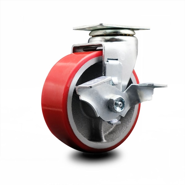5 Inch Red Poly on Cast Iron Swivel Caster with Ball Bearing and Brake SCC